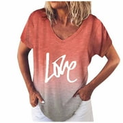 Plus Size Tops Women's casual short-sleeved V-neck gradient positioning printing T-shirt top Orange XXXXL